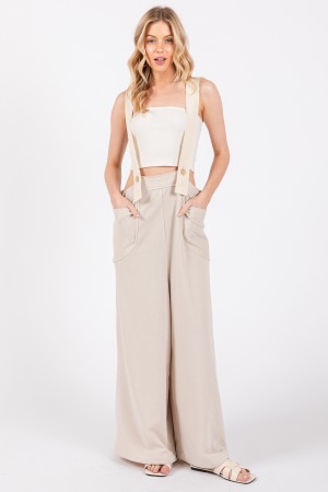 BLU61568SA<br/>Solid French Terry Wide Leg Jumpsuit