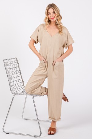 BLU61590NSA<br/>Solid Linen Short Sleeve Jumpsuit