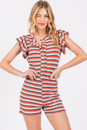 BY61103STA<br/>Striped Knit Button Down Romper