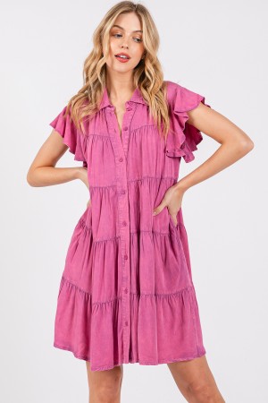 DILU51645<br/>Tiered Mineral Washed Button Down Front Dress