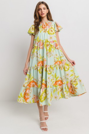 DLU51341PA<br/>Floral Print Tiered Ruffle Short Sleeve Dress