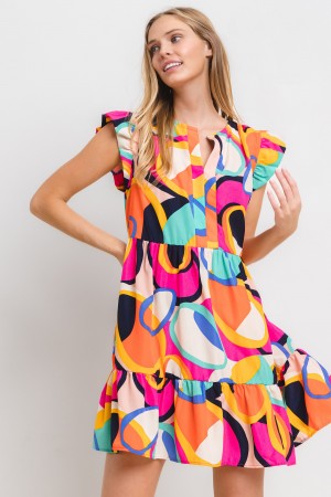DLU51342PA<br/>Geometric Print Tiered Mini Dress