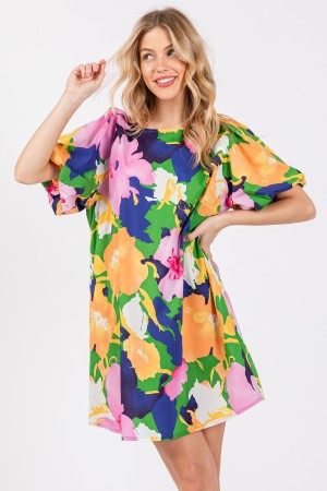 DLU51359PA<br/>Floral Print Puff Sleeve Casual Dress