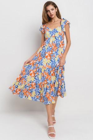 DU52327NPA<br/>Floral Printed Tiered Flutter Sleeve Dress