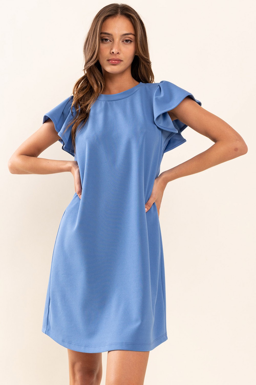 DY51143SA<br/>Ruffle Sleeve Solid Mini Dress