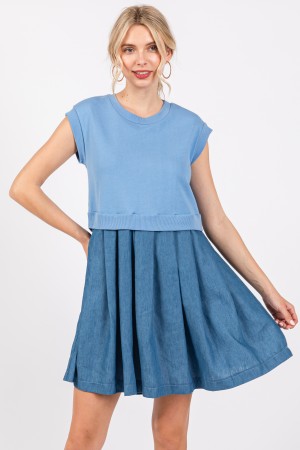 DY51165SB<br/>Contrast Denim Pleated Mini Dress