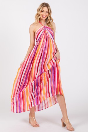 DY51174PA<br/>Multi Color Striped American Neckline Dress