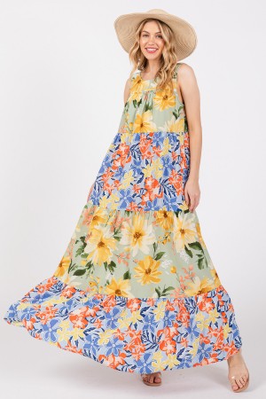 DY51175NPB<br/>Floral Print Tiered Round Neckline Dress