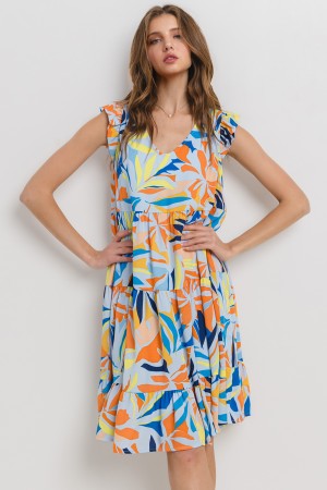 DY5391NPA<br/>Tiered Floral Print V-neck Dress