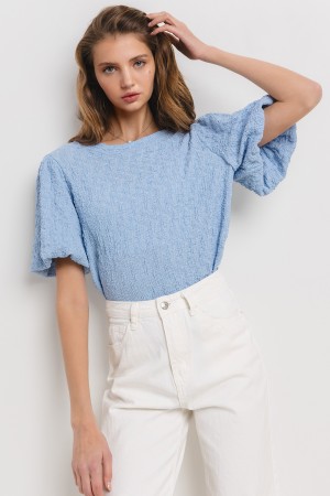 TLU13306NSA<br/>Solid Textured Puff Sleeve Blouse Top