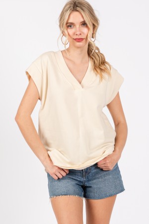 TLU13386RIBSA<br/>Solid Cotton Terry V-neck Top
