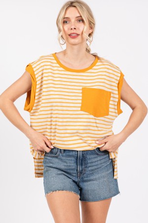 TLU13433STA<br/>Contrast Striped Knit Twisted Sleeve Top