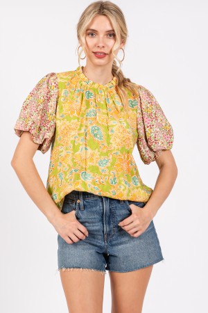 TLU13437CPB<br/>Contrast Printed Woven Blouse Top