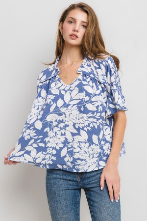 TY12900PA<br/>Ruffle Floral Short Flare Sleeve Blouse Top