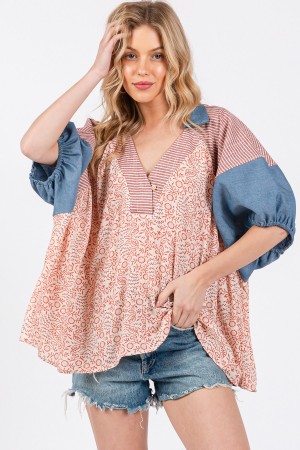 TY12902CPA<br/>Floral Print Puff Sleeve Tunic Top