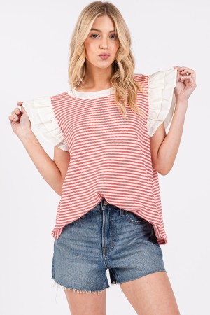TY12910STA<br/>Contrast Striped Knit Ruffled Sleeve Blouse top