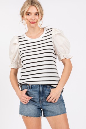 TY12911STA<br/>Contrast Striped Knit Puffed Sleeve Blouse Top
