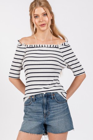TY12926STA<br/>Ribbed Striped Short Sleeve Top