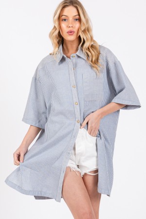 TY12930CPA<br/>Contrast Striped Button Down Shirt Dress
