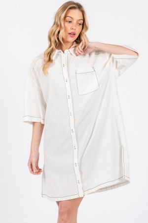 TY12930SA<br/>Solid Stitch Detailed Shirt Dress