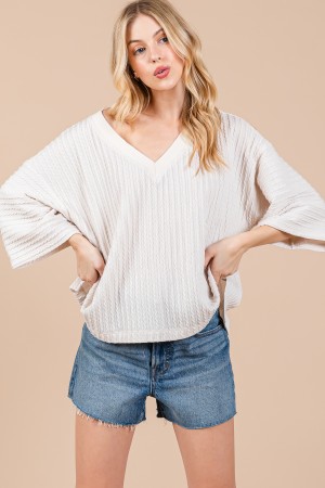 TY12952CSA<br/>V-Neck Dropped Sleeve Solid Knit Top